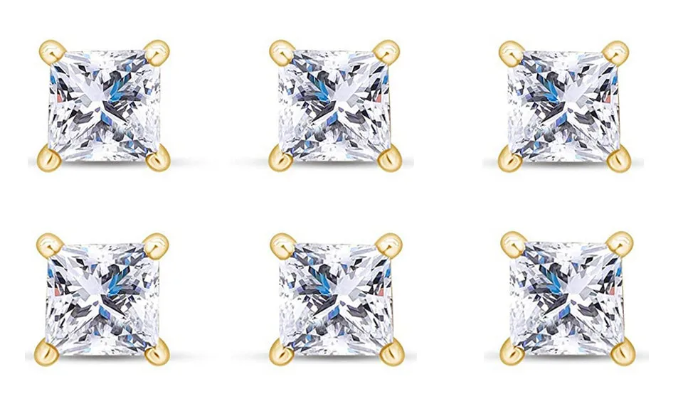 18k Yellow Gold Plated 1/2Ct Princess Cut White Sapphire Set Of Three Stud Earrings