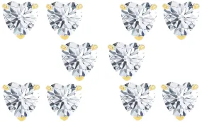 18k Yellow Gold Plated 1Ct Heart White Sapphire Set Of Five Stud Earrings
