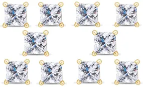 18k Yellow Gold Plated 1Ct Princess Cut White Sapphire Set Of Five Stud Earrings