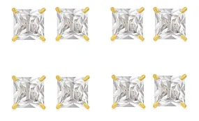 18k Yellow Gold Plated 2Ct Square Cut White Sapphire Set Of Four Stud Earrings