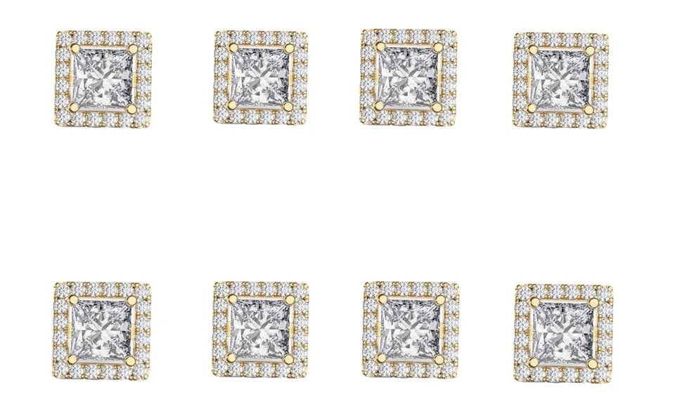 18k Yellow Gold Plated 4Ct Square Cut White Sapphire Set of Four Halo Stud Earrings