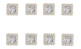 18k Yellow Gold Plated 4Ct Square Cut White Sapphire Set of Four Halo Stud Earrings