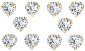 18k Yellow Gold Plated 4mm 2Ct Heart White Sapphire Set of Five Halo Stud Earrings