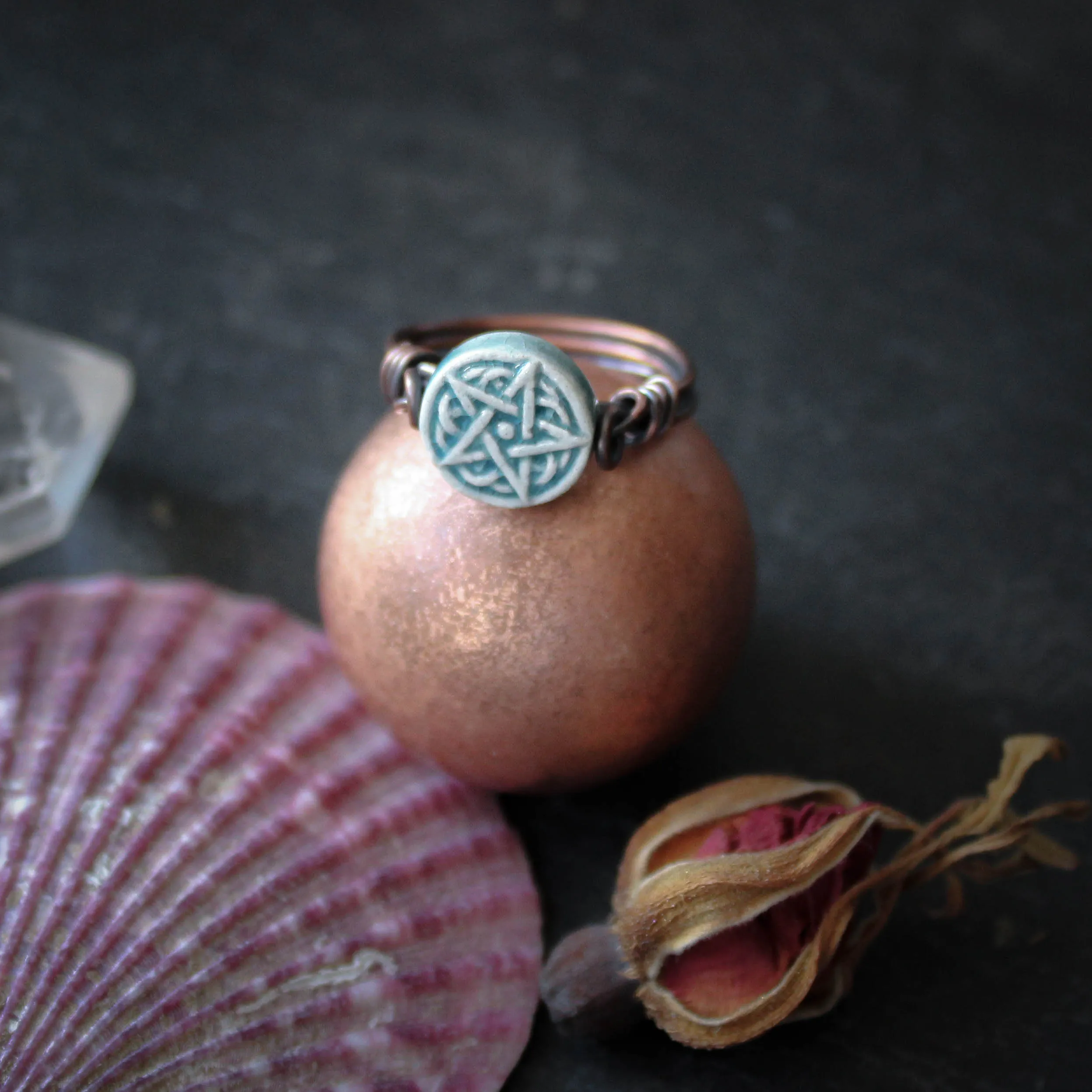 Kitchen Witches Raku Teal Pentagram Ring in Wire Wrapped Copper. Size US 7 or UK N 1/2.
