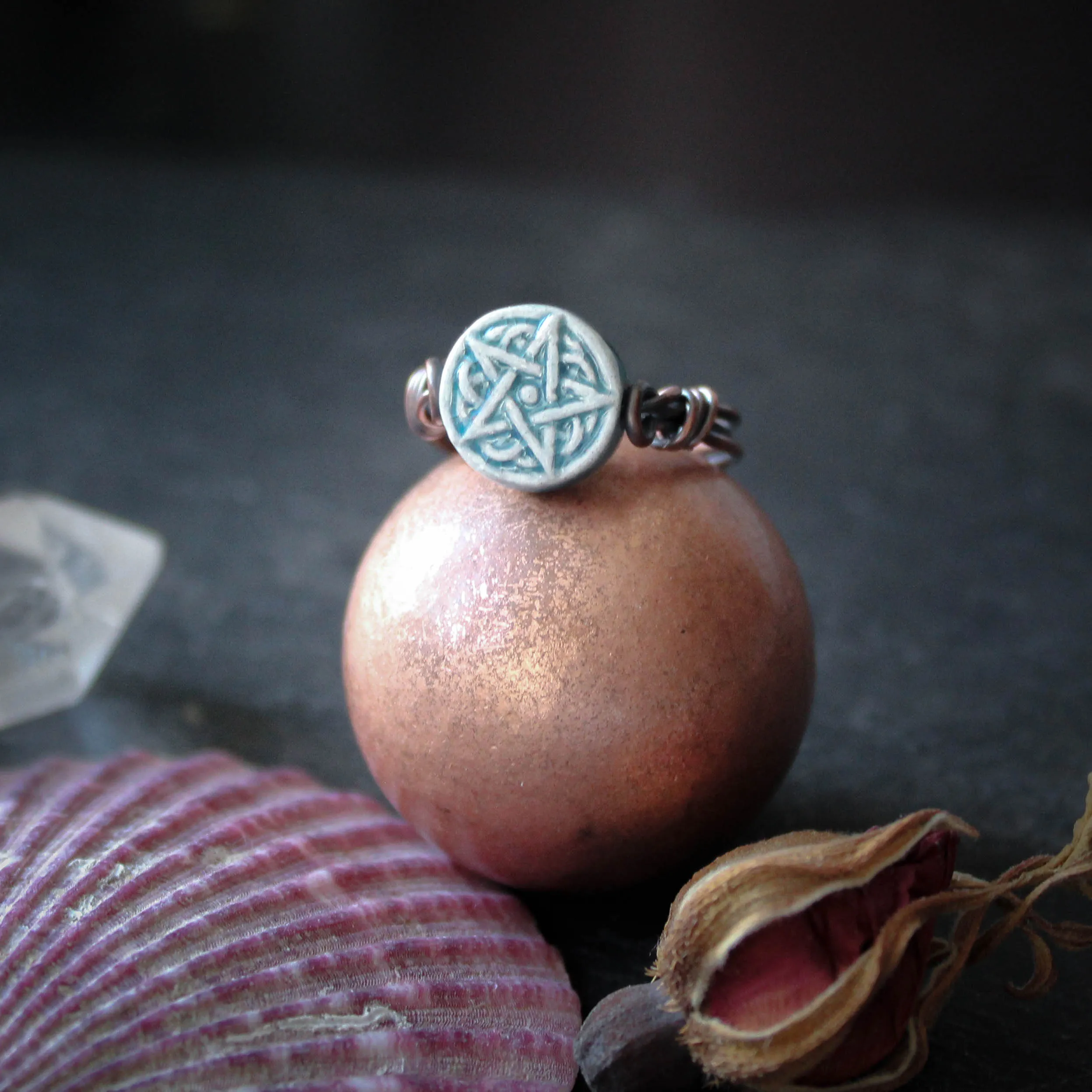 Kitchen Witches Raku Teal Pentagram Ring in Wire Wrapped Copper. Size US 7 or UK N 1/2.