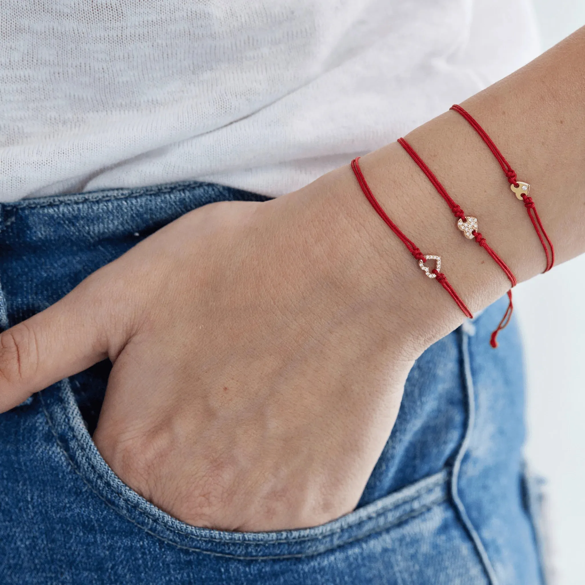 Paved Heart String of Love Bracelet - 14K Rose Gold