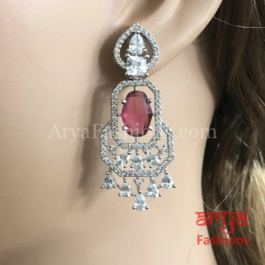 Silver Cubic Zirconia earrings with Ruby Semi Precious Stone