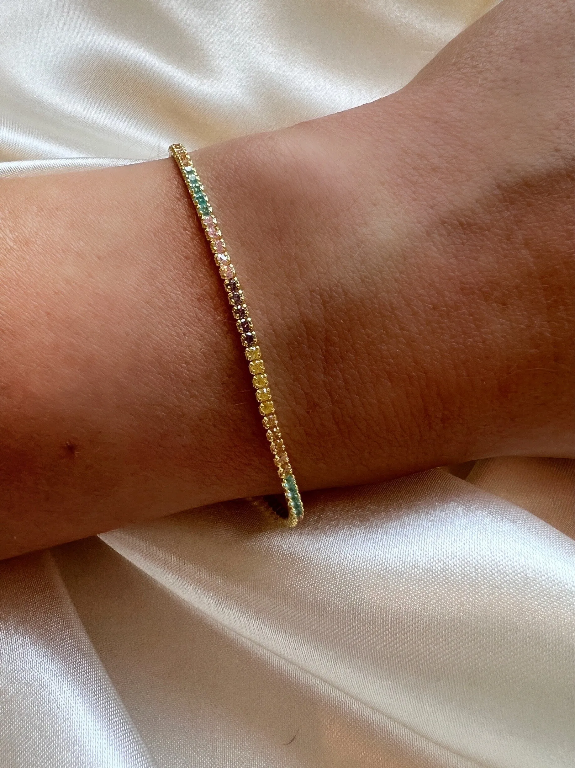 Sorbet Ombre Cz Tennis Bracelet in Gold| Dainty Tennis Bracelet for Women|Pastel Soft Colorful Bracelet| Rainbow Stacking Layering Bracelet