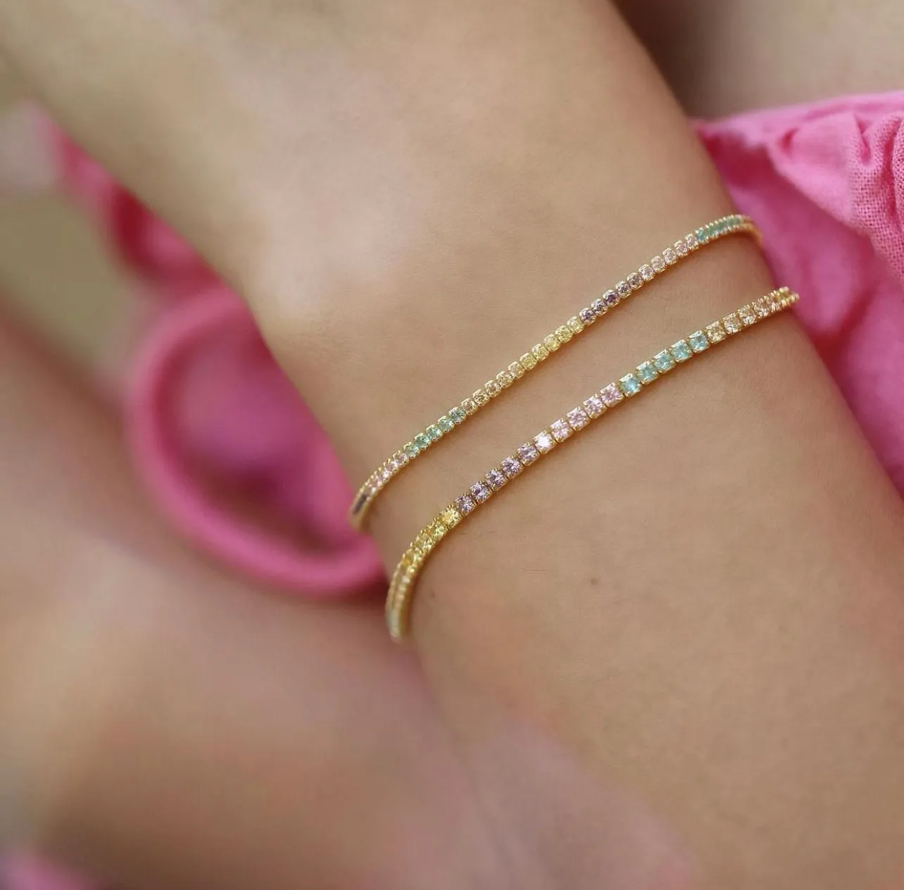 Sorbet Ombre Cz Tennis Bracelet in Gold| Dainty Tennis Bracelet for Women|Pastel Soft Colorful Bracelet| Rainbow Stacking Layering Bracelet