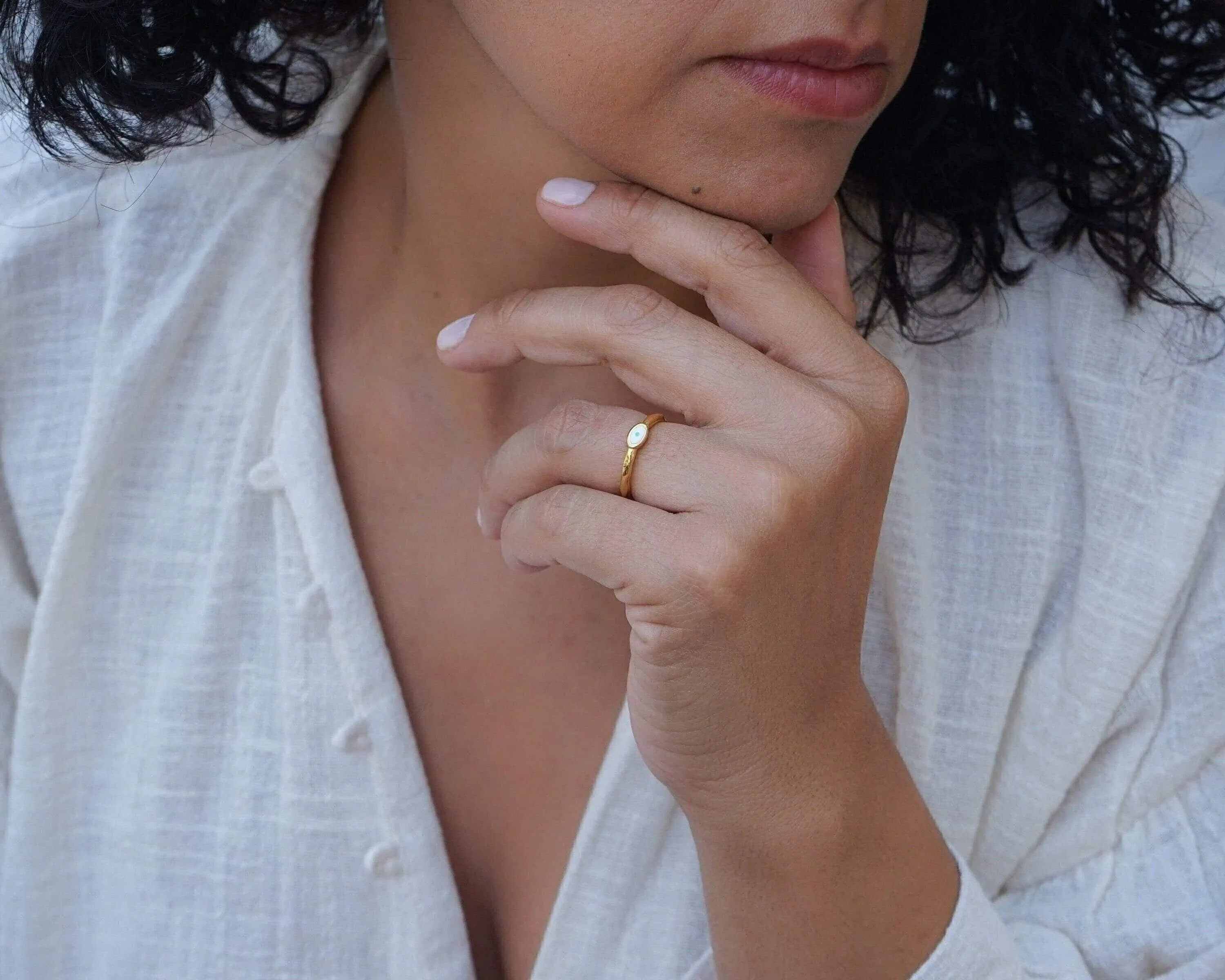 Tiny Gold Band Evil Eye Ring