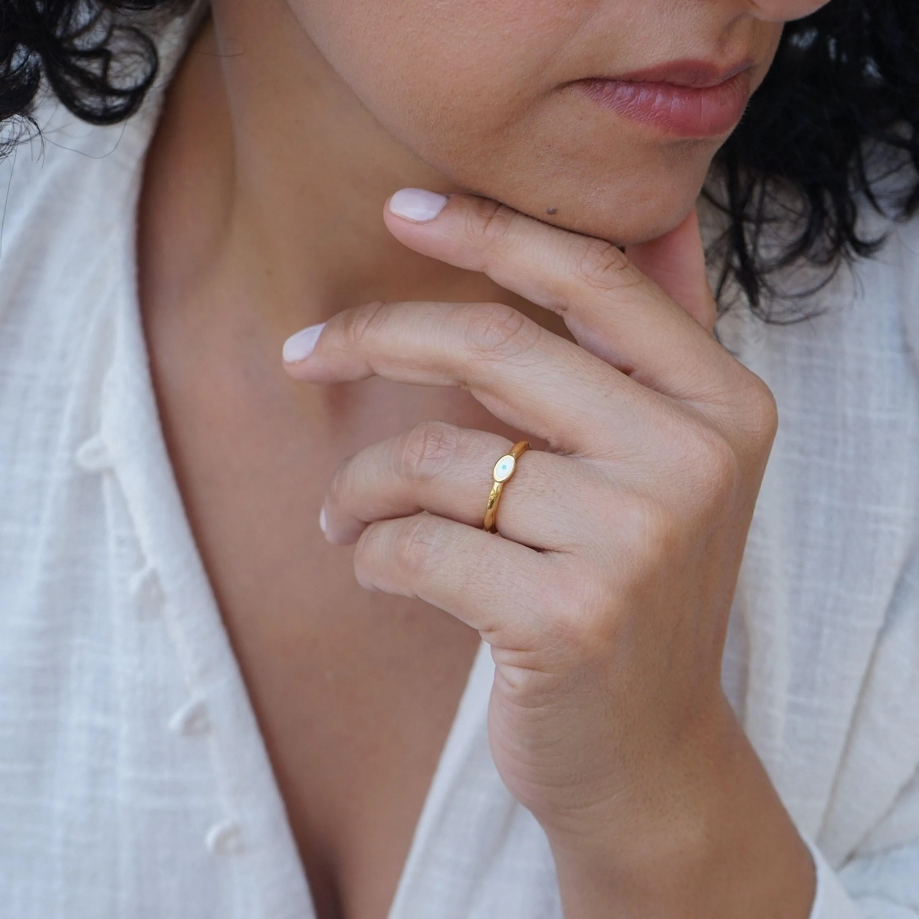 Tiny Gold Band Evil Eye Ring
