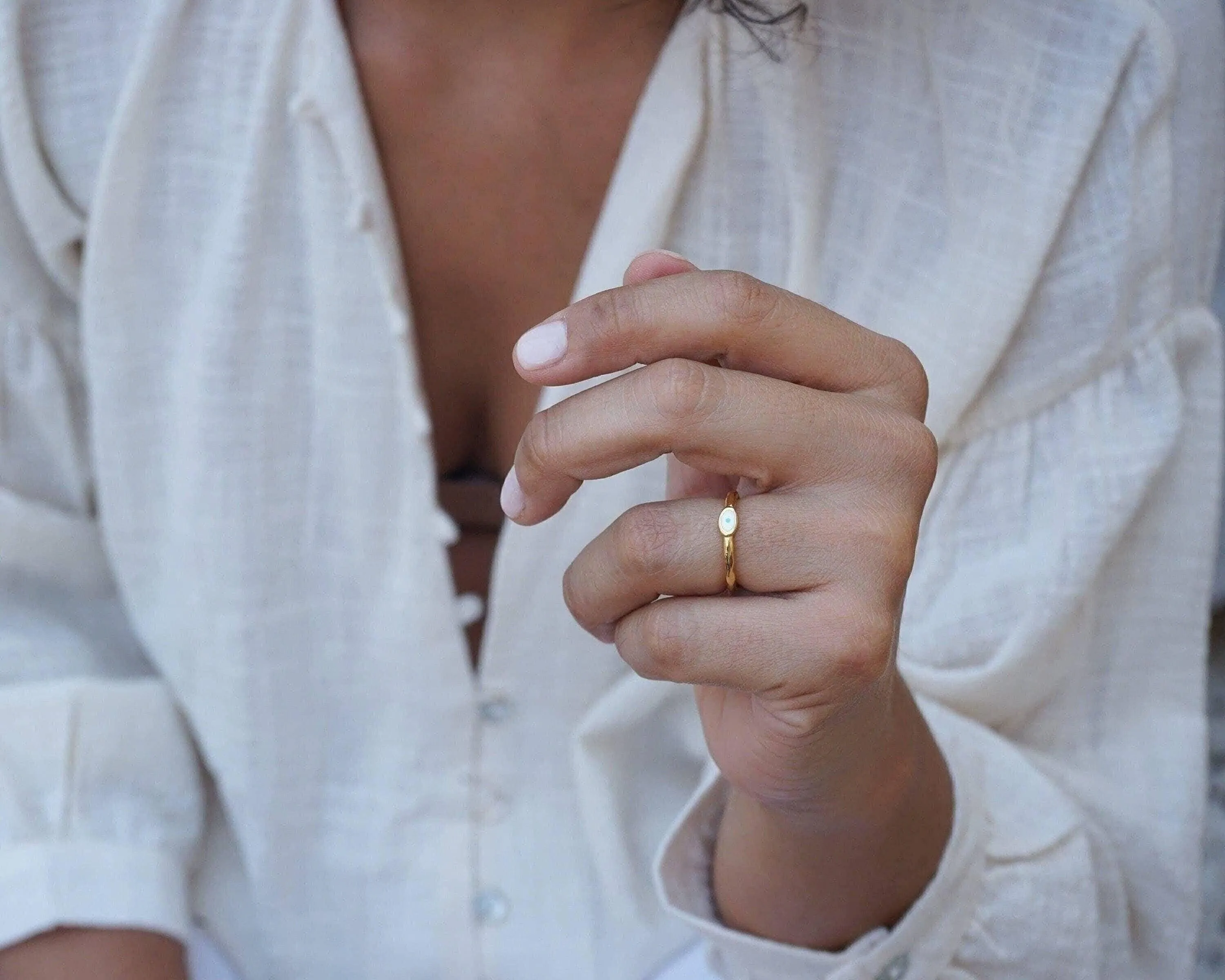 Tiny Gold Band Evil Eye Ring