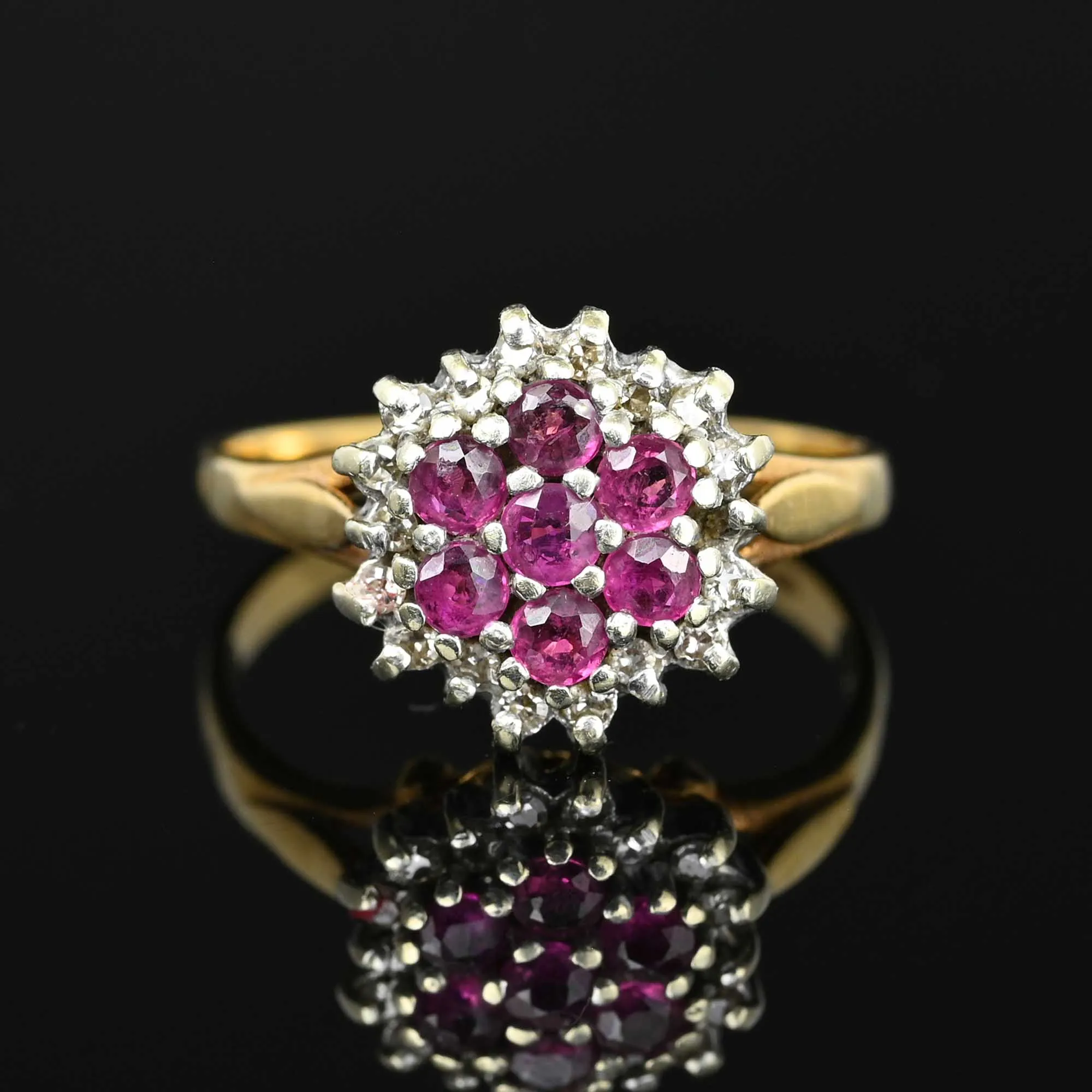 Vintage Diamond Halo Ruby Cluster Ring in Gold