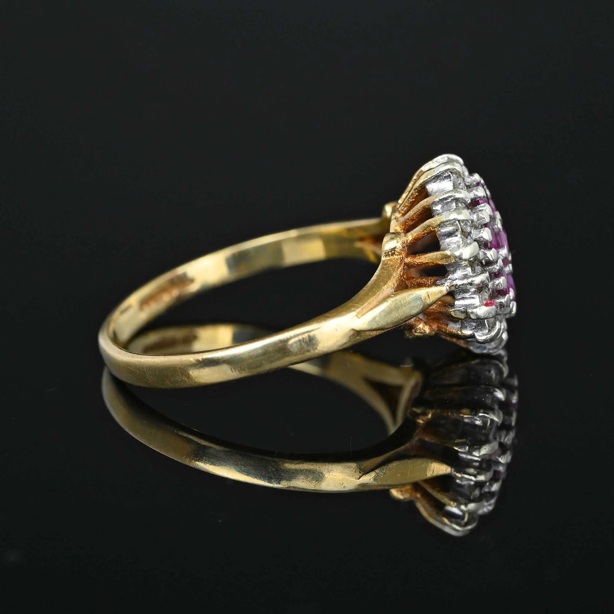 Vintage Diamond Halo Ruby Cluster Ring in Gold