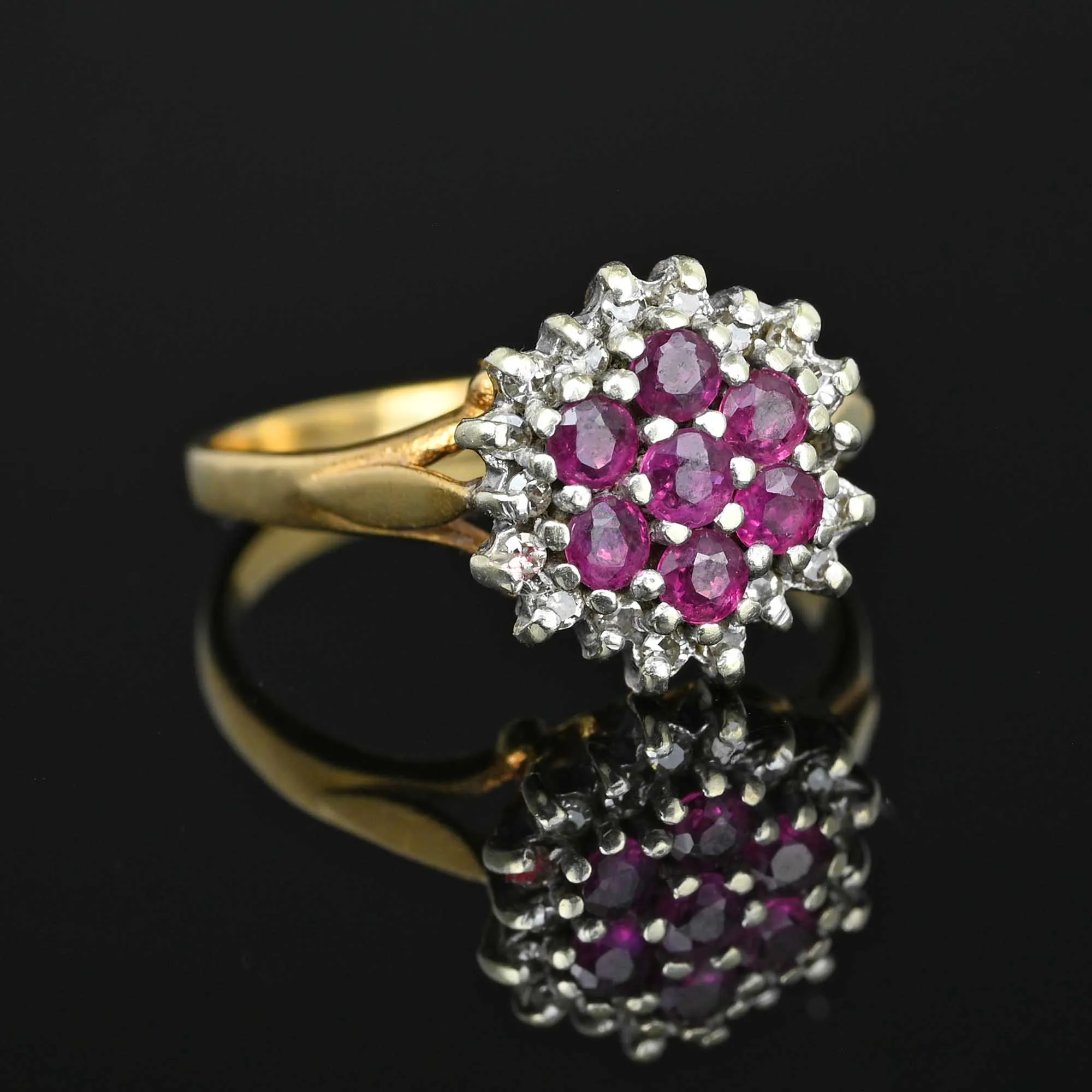 Vintage Diamond Halo Ruby Cluster Ring in Gold