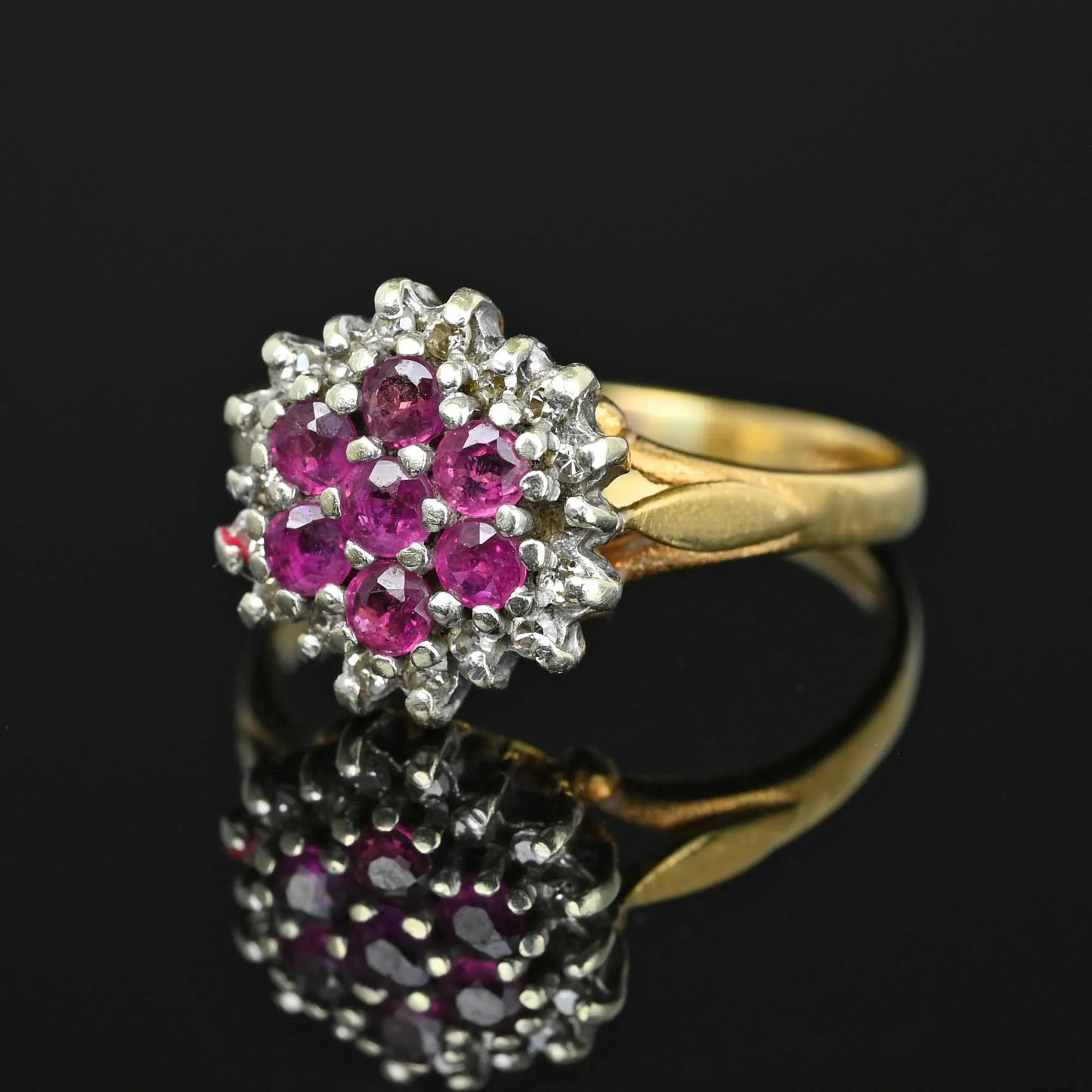 Vintage Diamond Halo Ruby Cluster Ring in Gold