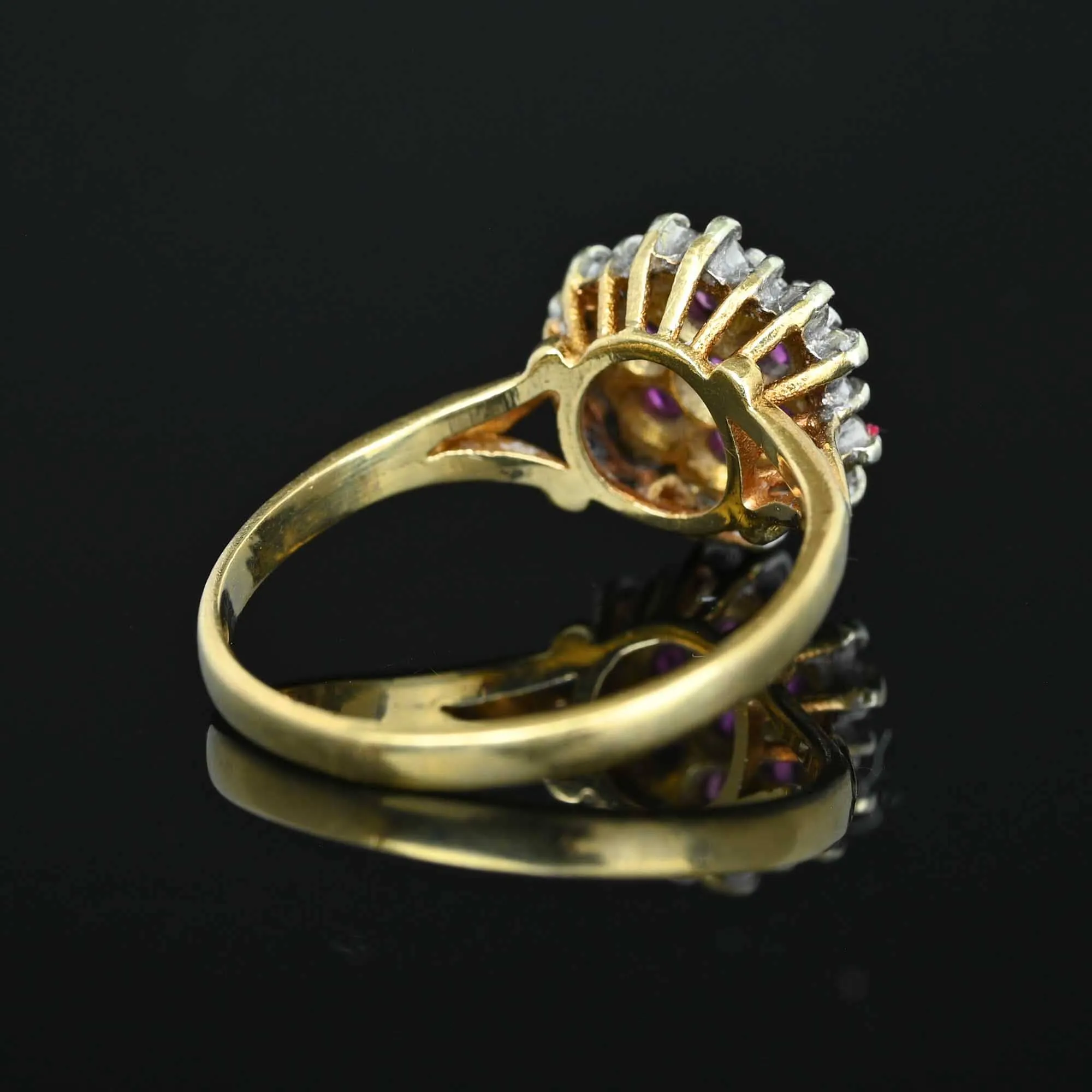 Vintage Diamond Halo Ruby Cluster Ring in Gold