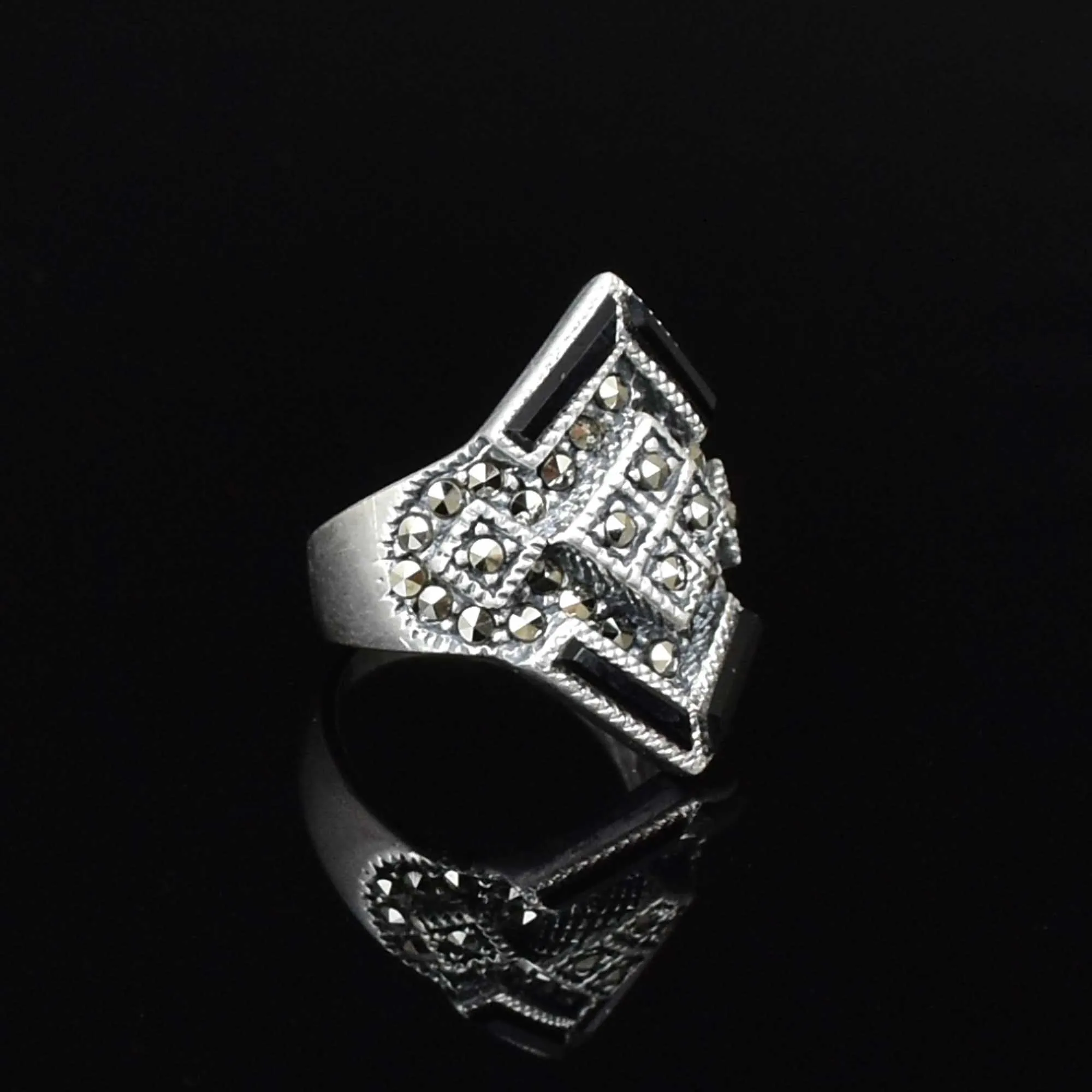 Vintage Silver Marcasite Onyx Statement Ring
