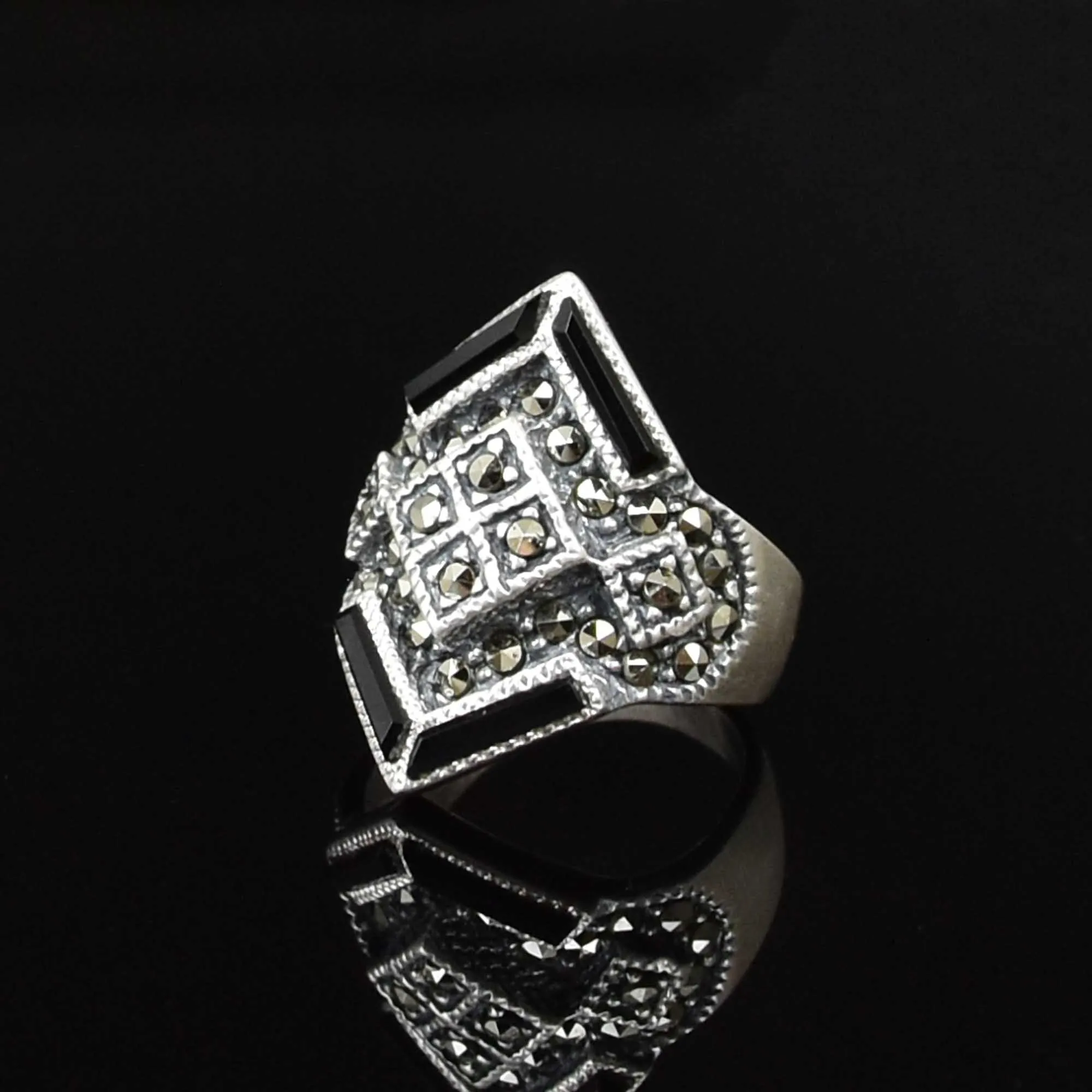 Vintage Silver Marcasite Onyx Statement Ring