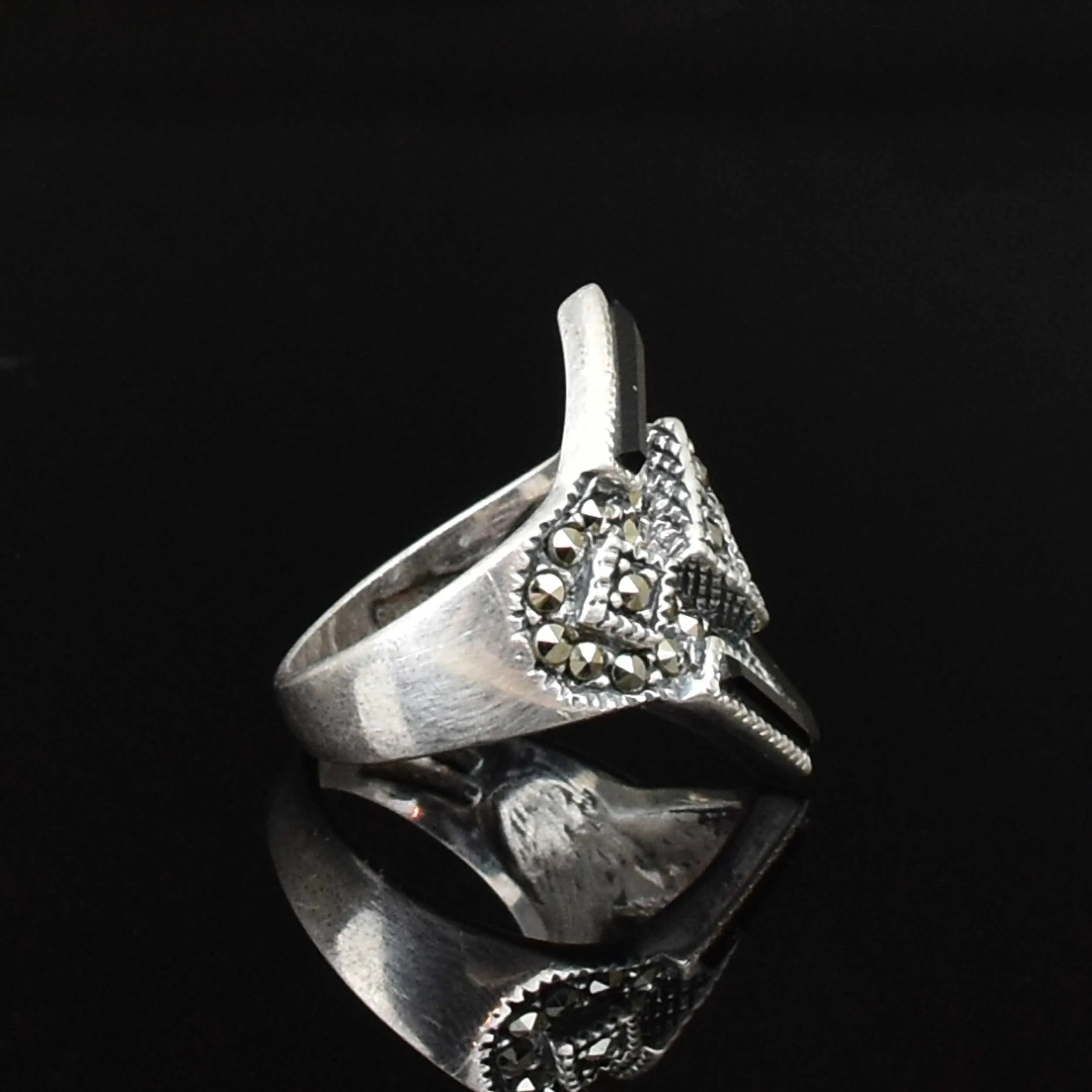 Vintage Silver Marcasite Onyx Statement Ring