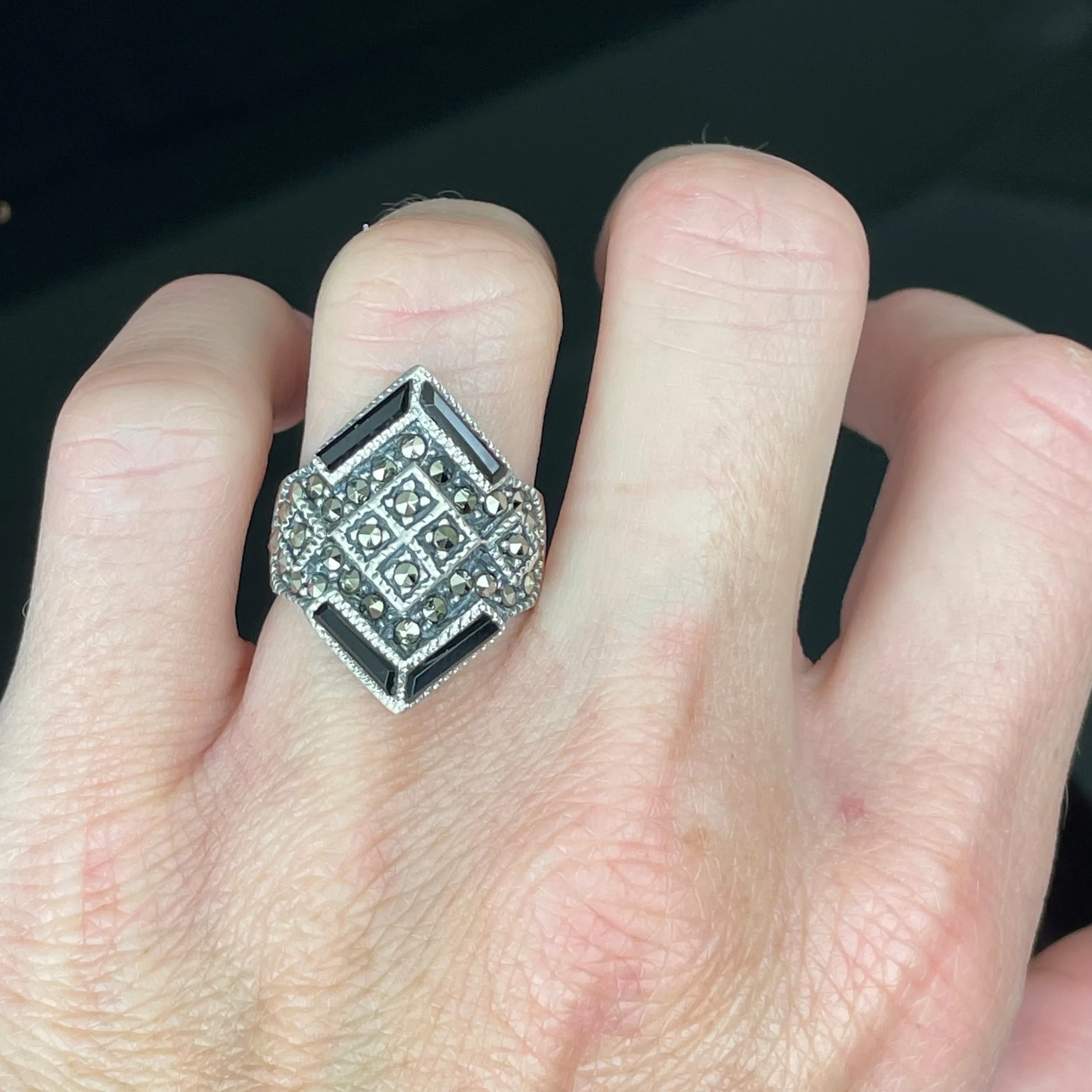 Vintage Silver Marcasite Onyx Statement Ring